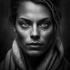 Woman With Scarf Poster featuring a black-and-white close-up of a woman’s intense gaze and detailed scarf textures in monochrome.