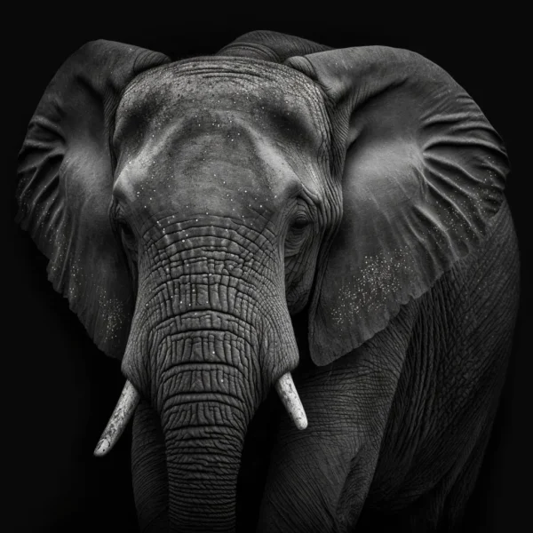 Elephant Eclipse Poster featuring a black-and-white close-up of an elephant with deep shadows and striking details.