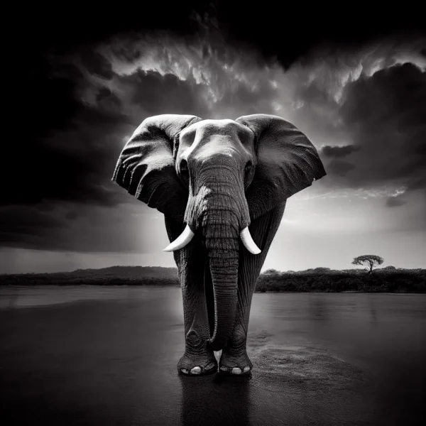 Elephant’s Horizon Poster featuring a black-and-white image of an elephant standing in water, its reflection blending with the landscape.