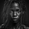 Ethereal Woman Poster featuring a black-and-white close-up of a woman with captivating eyes and dreadlocks.