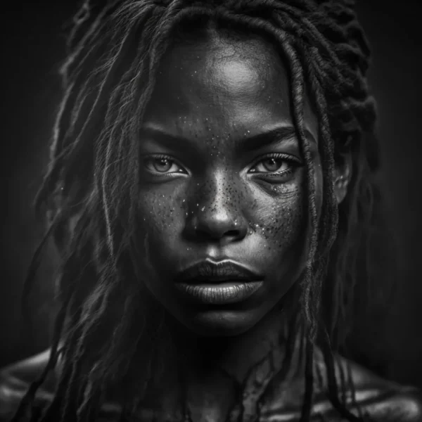 Ethereal Woman Poster featuring a black-and-white close-up of a woman with captivating eyes and dreadlocks.