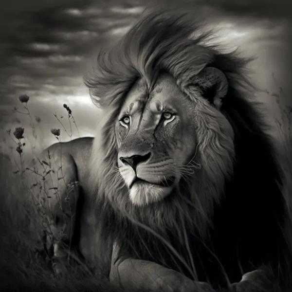 Lion Under Sky Poster featuring a black-and-white image of a regal lion with a flowing mane, gazing over the landscape beneath a dramatic sky.
