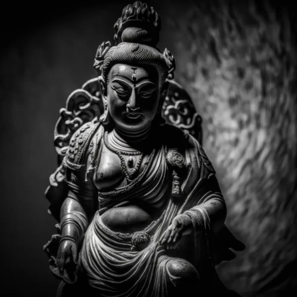 Black and White Eternal Peace Bodhisattva Poster depicting a meditative figure with intricate details.