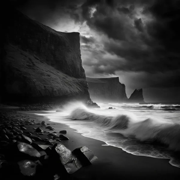 Epic Seascape Poster – black and white ocean scene with dramatic cliffs and waves.