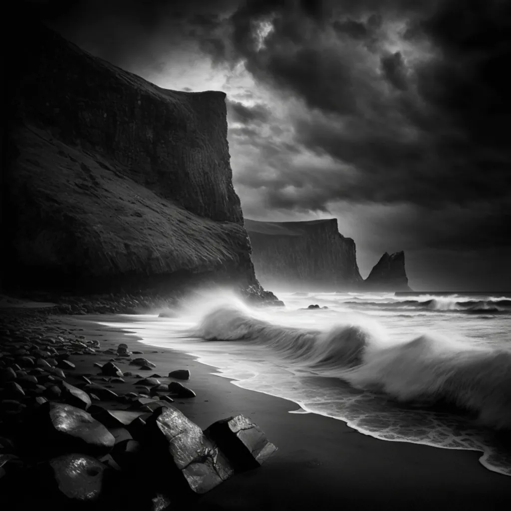Epic Seascape Poster – black and white ocean scene with dramatic cliffs and waves.