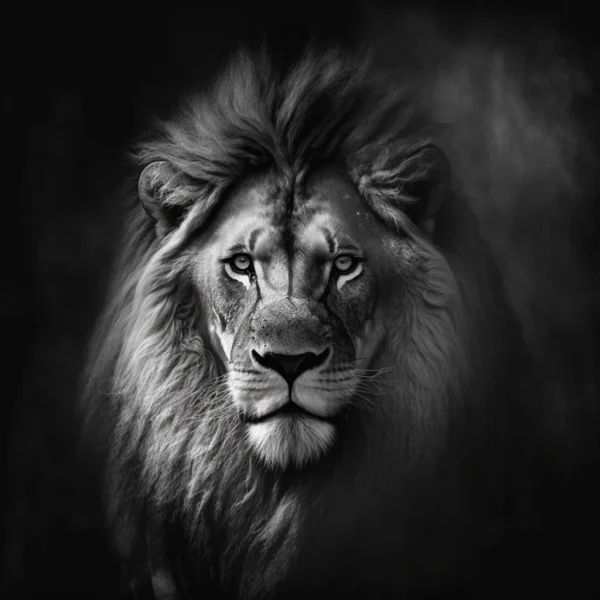 Essence of the Lion Poster featuring a black-and-white close-up of a lion with a flowing mane and intense gaze.