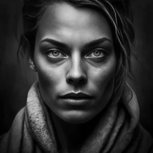 Woman With Scarf Poster featuring a black-and-white close-up of a woman’s intense gaze and detailed scarf textures in monochrome.