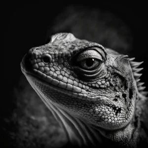 Lizard Observer Poster featuring a black-and-white close-up of a lizard with piercing eyes and fine-textured scales.