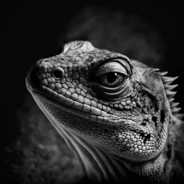 Lizard Observer Poster featuring a black-and-white close-up of a lizard with piercing eyes and fine-textured scales.