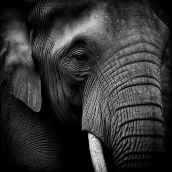 Elephant’s Realm Poster featuring a striking black-and-white close-up of an elephant, showcasing its textured skin and soulful gaze.