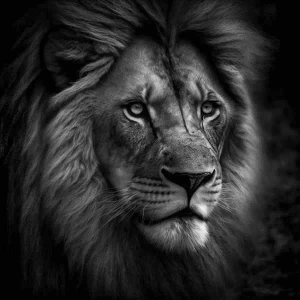 Majesty of the Lion Poster featuring a black-and-white close-up of a lion’s face with a detailed mane and intense gaze.