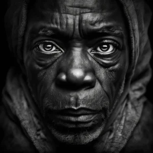 Soulful Portrait Poster showing a black-and-white close-up of a man’s face with deep, emotional eyes and detailed facial lines.