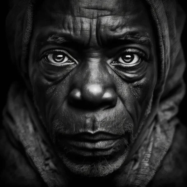 Soulful Portrait Poster showing a black-and-white close-up of a man’s face with deep, emotional eyes and detailed facial lines.