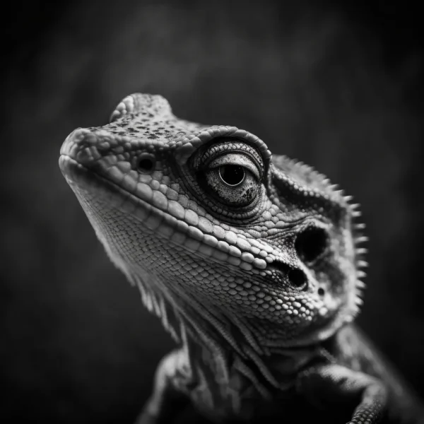 Curious Lizard Poster featuring a black-and-white close-up of a lizard with a reflective eye and detailed scales.