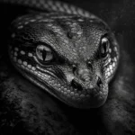 Reptile Close-Up Poster featuring a black-and-white close-up of a reptile’s textured scales and piercing eyes, showcasing intricate details and natural elegance.
