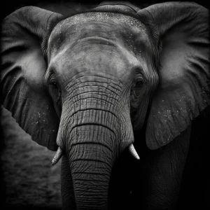 Elephant Elegance Poster displaying a black-and-white close-up of an elephant’s face with detailed textures and a powerful presence.