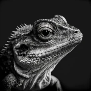 Lizard Lookout Poster featuring a close-up of a reptile's detailed scales and piercing gaze in black and white. High-resolution print on matte paper.