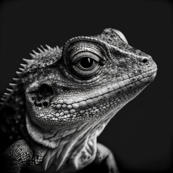 Lizard Lookout Poster featuring a close-up of a reptile's detailed scales and piercing gaze in black and white. High-resolution print on matte paper.