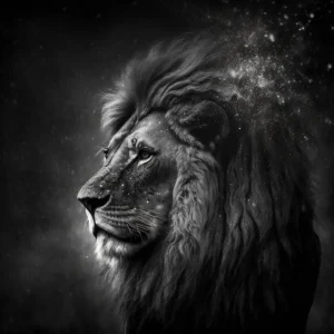 Lion’s Universe Poster showing a black-and-white profile of a lion merging into a cosmic starry background.
