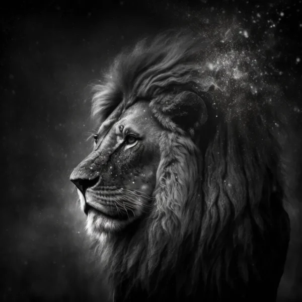 Lion’s Universe Poster showing a black-and-white profile of a lion merging into a cosmic starry background.