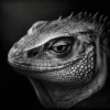 Reptilian Portrait Poster showing a black-and-white close-up of a reptile’s intense gaze and textured skin.