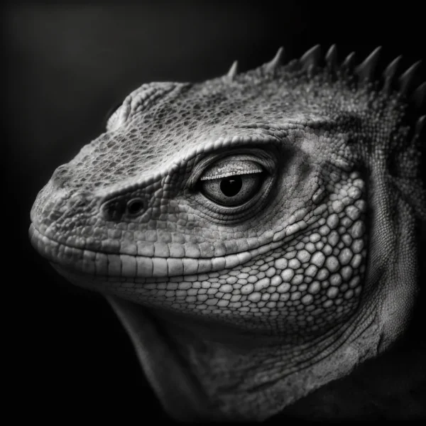 Reptilian Portrait Poster showing a black-and-white close-up of a reptile’s intense gaze and textured skin.