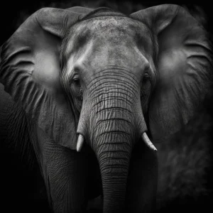 Elephant’s Kingdom Poster showing a black-and-white close-up of an elephant’s face, highlighting its expressive eyes and textured skin.