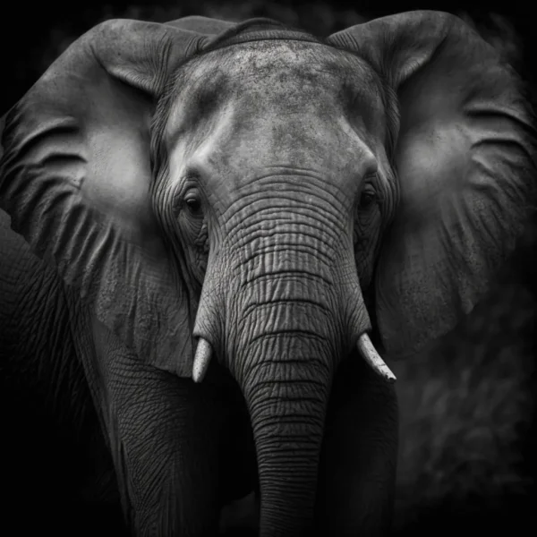 Elephant’s Kingdom Poster showing a black-and-white close-up of an elephant’s face, highlighting its expressive eyes and textured skin.