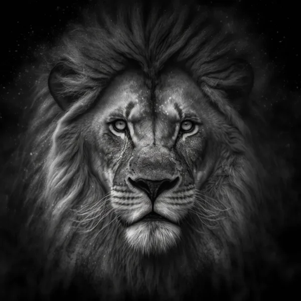 Lion’s Gaze Poster showing a black-and-white close-up of a lion’s face with a focused, piercing stare.