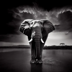 Elephant’s Horizon Poster featuring a black-and-white image of an elephant standing in water, its reflection blending with the landscape.
