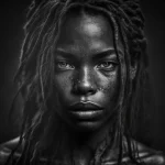 Ethereal Woman Poster featuring a black-and-white close-up of a woman with captivating eyes and dreadlocks.