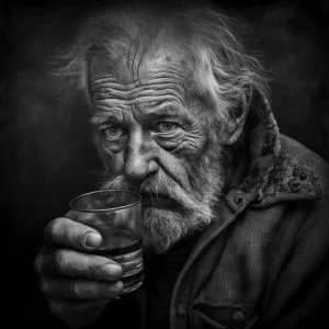 Passage of Time Poster" depicting a black-and-white close-up of an elderly man holding a glass, lost in deep reflection.