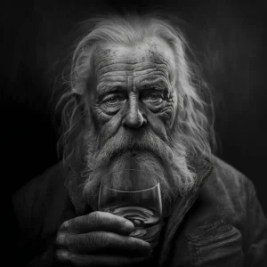 Whiskers of Experience Poster featuring a black-and-white close-up of an elderly man with a contemplative gaze and deeply lined face.