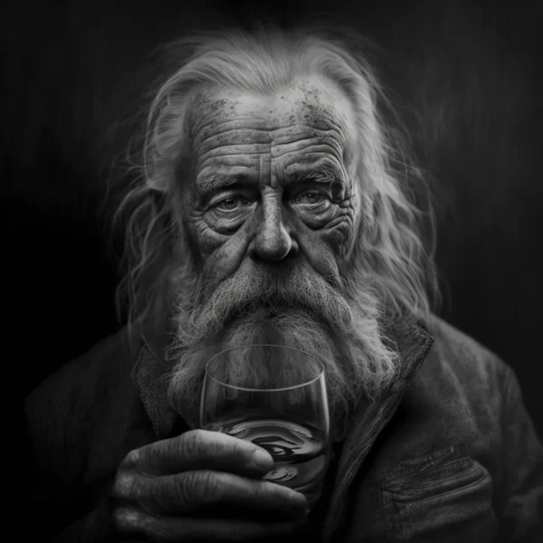 Whiskers of Experience Poster featuring a black-and-white close-up of an elderly man with a contemplative gaze and deeply lined face.