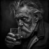 Sipping on Memories Poster featuring a black-and-white close-up of an elderly man holding a glass, lost in deep contemplation.