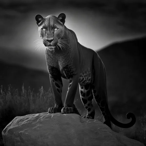 Panther’s Rock Poster displaying a black-and-white close-up of a poised black panther standing on a rock with a piercing gaze.
