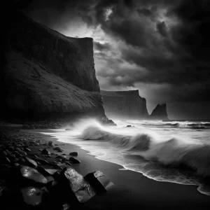 Epic Seascape Poster – black and white ocean scene with dramatic cliffs and waves.